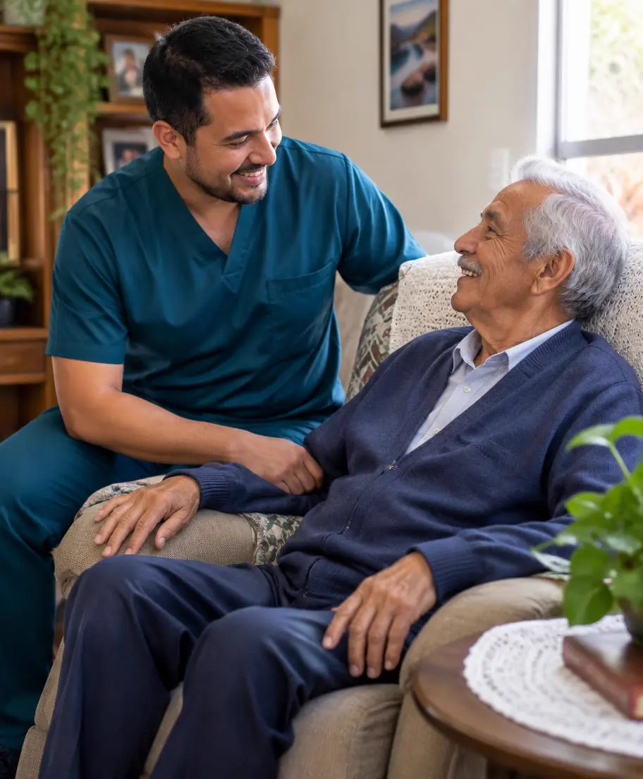 Cuidador conversando com um senhor idoso em casa